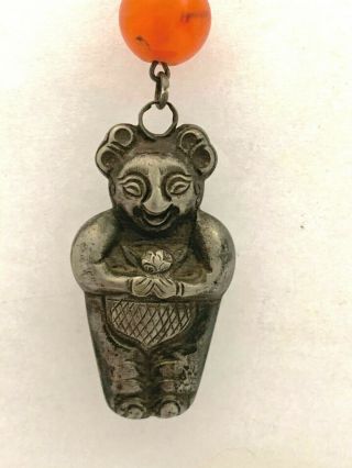 Antique Qing Silver Hollow Amulet: Smiling Little Boy Holding Lotus Flower (h26)