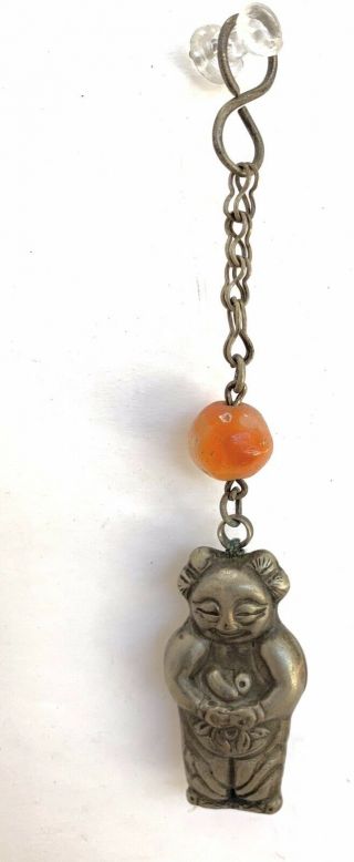 Antique Qing Silver Hollow Amulet: Man With Happy Face And Agate Bead (g33)