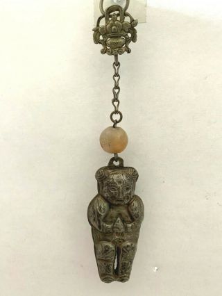 Antique Qing Silver Hollow Amulet: Smiling Little Boy Holding Lotus Flower (h36)