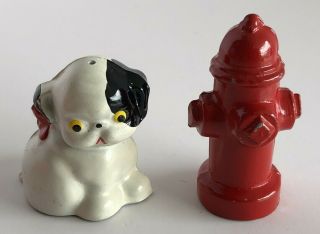 Vintage Little Puppy Dog And Red Fire Hydrant Salt And Pepper Shaker Set Rare