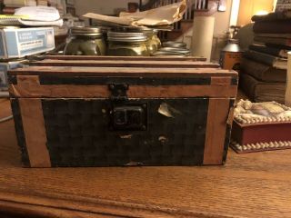 Vintage Doll Trunk Chest With Key,  No Tray & Shell Decorative Trinket Box