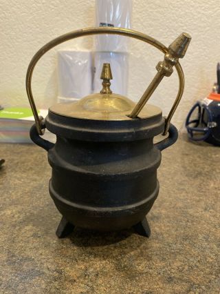 Antique / Vintage Cast Iron Bean Pot W/ Brass Lid & Handle Plus Ceramic Stirrer