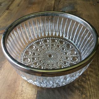 Vintage Press Clear Glass Bowl With Silver Rim - Unkown Maker - 9 " Bowl - No Cracks