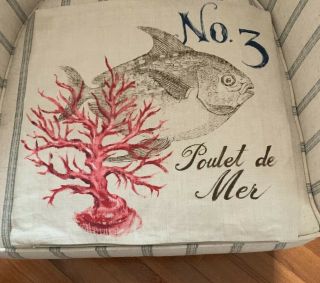 Pottery Barn Poulet De Mer Fish Pillow Cover Linen 18 " X 18 " Euc Rare Htf