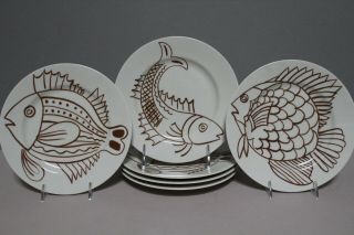 Rare Vintage 1970s Fitz And Floyd Plate Les Fish Pattern Brown And White Siz (6)