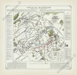 Field Of Waterloo Towards Sunset Antique Battle Plan Map Cotton Art Print Poster