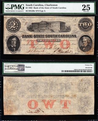 Rare Single Digit Serial No.  9 1862 $2 Charleston,  Sc Obsolete Pmg 25