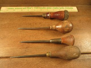 Vintage Antique Set Of 4 Awls Punch Wood Handle Old Carpenter`s Tools