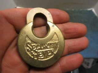 Very Rare Small Old Round Brass Pancake Push Padlock Lock.  Security 4 Lever.  N/r
