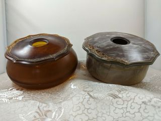Two Antique Art Deco Gold Marbled Celluloid Vanity Dressing Table Hair Receivers