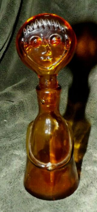 Antique/vtg Amber Glass Bottle With Picasso Style Face On Stopper