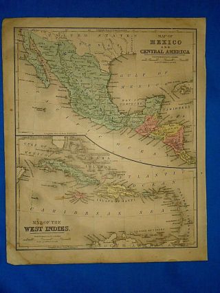 Vintage 1869 Map Mexico - Central America - Caribbean Old Antique