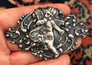 Antique Victorian Sterling Silver Repousse Cherub Angel Brooch Pin