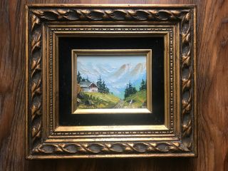 Vintage Framed Oil Painting On Board Mountain Chalet Landscape 9”x10”