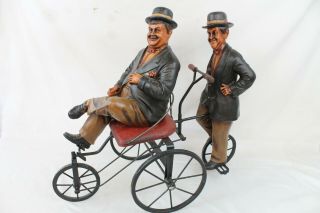 Vintage Laurel And Hardy Riding A Bike Carved Wood Art Collectable Statue Rare