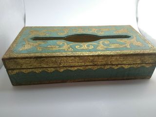 Rare Vintage Italy Gold Florentine Blue Antique Tissue Box Holder Kleenex Wood