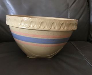 Vintage Yellow Ware Bowl Mixing Pink Blue Stripe Pie Crust Edge Large Antique