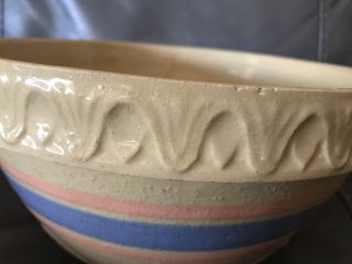 Vintage Yellow Ware Bowl Mixing Pink Blue Stripe Pie Crust Edge Large Antique 2
