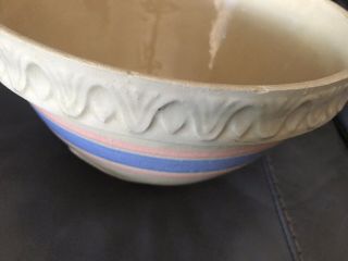 Vintage Yellow Ware Bowl Mixing Pink Blue Stripe Pie Crust Edge Large Antique 3