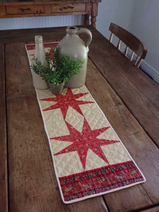 Early C1850 Antique Turkey Red Star Quilt Table Runner 43 "