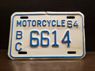 1964 British Columbia Motorcycle License Plate Canada Rare 6614