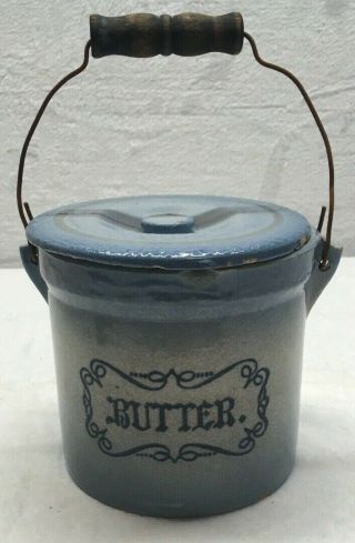 Antique Vintage Blue Ceramic Stoneware Butter Pail & Lid With Wood Style Handle