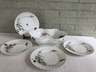 Very Rare H & C Haviland Limoges Meadow Visitor Salad Bowl With Four Plates