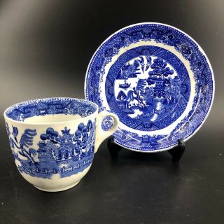 Antique Blue Willow Large Cup & Saucer Warranted Staffordshire Mug England