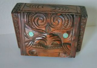 Vintage Primitive Folk Art Tiki Tribal Wooden Hand Carved Box Abalone Eyes Ooak