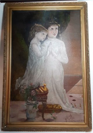 Antique Painting By J.  M.  Pike - May 27th 1893 - Oil On Board - Two Girls Praying?nr