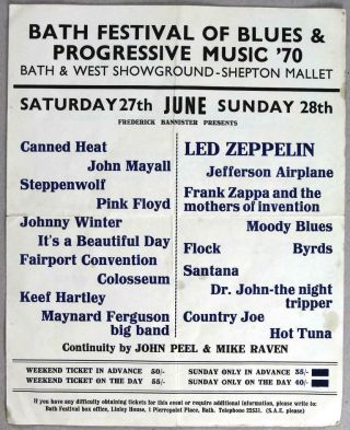 Led Zeppelin,  Pink Floyd - Rare Vintage Bath Festival 1970 Handbill