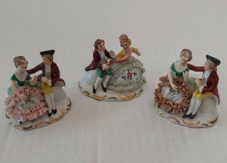 Antique Dresden Lace Porcelain Set Of 3 Couples Dinner Place Card Figurines
