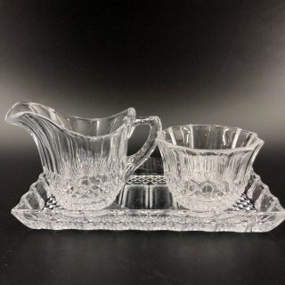 Vtg 3 Pc Set Cut Glass Crystal Sugar Bowl W Lid & Creamer & Tray Clear