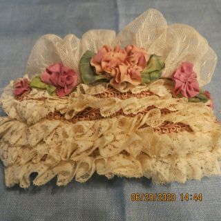 Hand Made Doll Bonnet Antique French Style Net Lace Trims Silk Spray