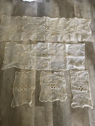 Five Antique French Net Tambour Lace Table Runners Or Dresser Toppers Lovely