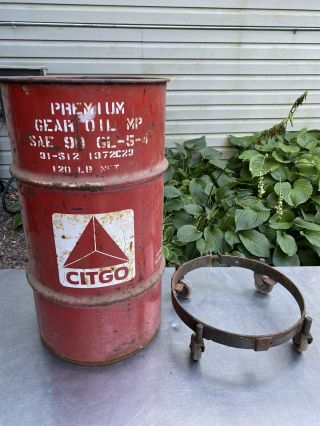 Vtg Citgo Oil Grease Drum Barrel Gas Station Rare Roller Cart Gear Can Sign Shop