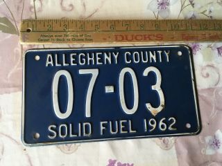 1962 Rare Allegheny County Virginia Solid Fuel License Plate 07 - 03
