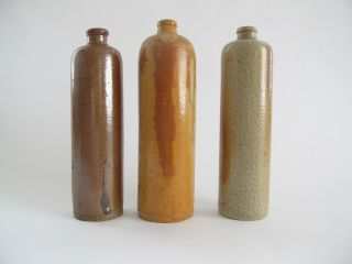 Set Of 3 Salt Glaze Stoneware Bottles,  Antique,  11 " Tall,