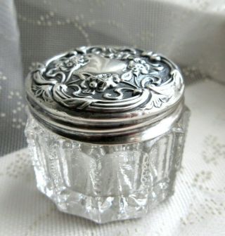 Wee Antique Victorian Glass Vanity Jar Trinket Box,  Sterling Silver Repousse Lid
