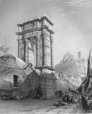 Italy Arch Of Trajan At Ancona - 1861 Engraving Antique Print
