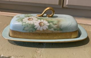 Vintage Or Antique Hand - Painted Porcelain Floral Covered Butter Dish W Lid