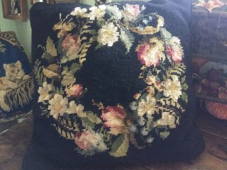 Antique Vintage Wool Needlepoint Pillow Wreath Of Flowers Velvet Back Zipper