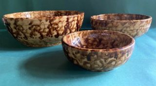 Set Of 3 Antique Bennington Rockingham Sponge Decorated Yellowware Bowls