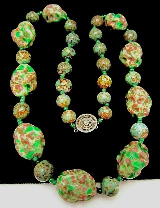 Rare Vintage 18 " X3/4 " Signed Miriam Haskell Green Purple Art Glass Bead Necklace