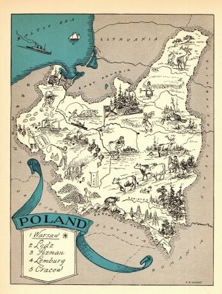 1932 Antique Animated Poland Map Rare Cartoon Picture Map Of Poland Blu 7263