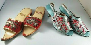 2 Pair Vintage Chinese Embroidered Silk (?) Shoes Size 6.  5 - B Estate Find