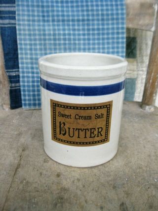 Small Antique Stoneware Beater Jar Blue Stripe Sweet Cream Butter
