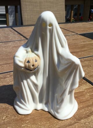 Vintage Rare Ceramic Light Up Ghost With Pumpkin Halloween Decor Lighted Spooky