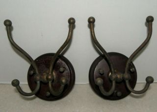2 Matching Antique Brass Double Wall Hook W/ Wood Mounting Plaque Coat Hat Robe