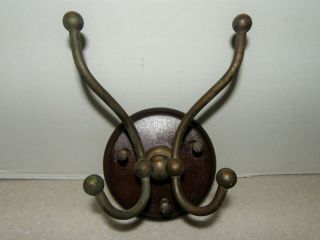 2 MATCHING ANTIQUE Brass Double Wall Hook w/ Wood Mounting Plaque Coat Hat Robe 2